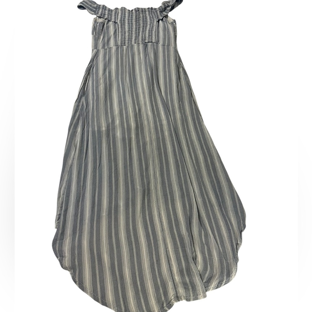 Coastal Cottagecore Boho Fairy Striped Midi Dress Blue White Tie Neck Button XS - Picture 3 of 5